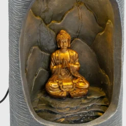 Runder Solar Brunnen mit Quelle, Buddhafigur und LED Licht