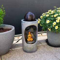 Runder Solar Brunnen mit Quelle, Buddhafigur und LED Licht