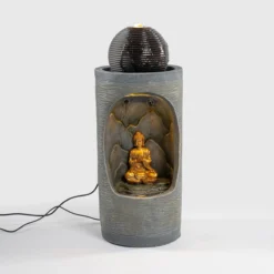Runder Solar Brunnen mit Quelle, Buddhafigur und LED Licht