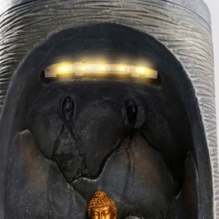 Runder Solar Brunnen mit Quelle, Buddhafigur und LED Licht