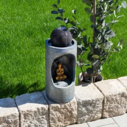 Runder Solar Brunnen mit Quelle, Buddhafigur und LED Licht