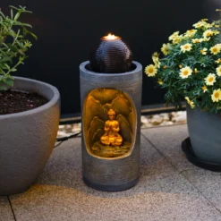 Runder Solar Brunnen mit Quelle, Buddhafigur und LED Licht