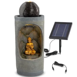 Runder Solar Brunnen mit Quelle, Buddhafigur und LED Licht