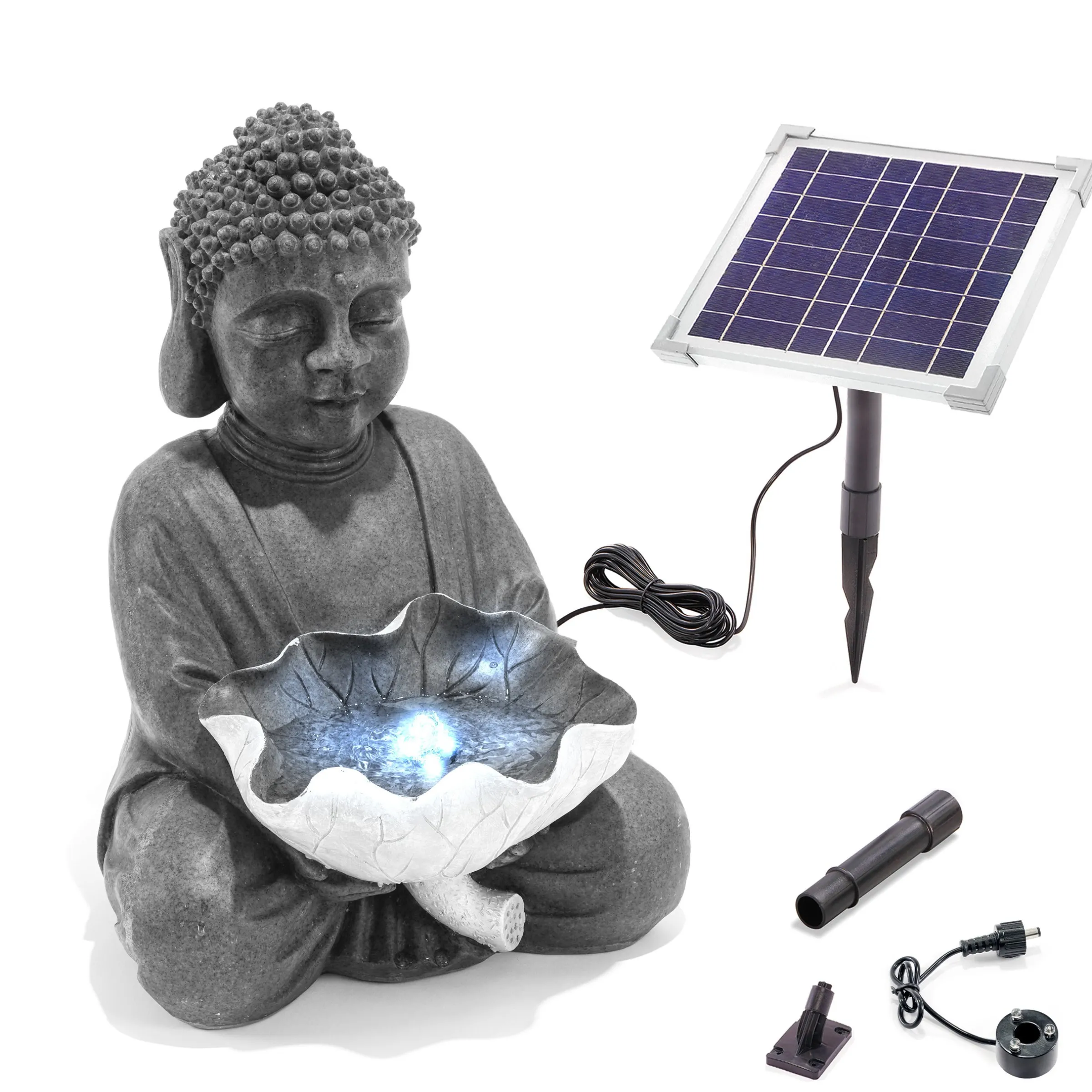 Solarbrunnen Buddha mit Lotusblatt und LED Licht