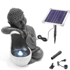 Solarbrunnen Buddha ruhend mit beleuchteter Wasserquelle