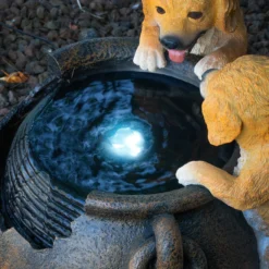 Solarbrunnen Hundewelpen Milo und Buddy am Brunnen mit LED Licht