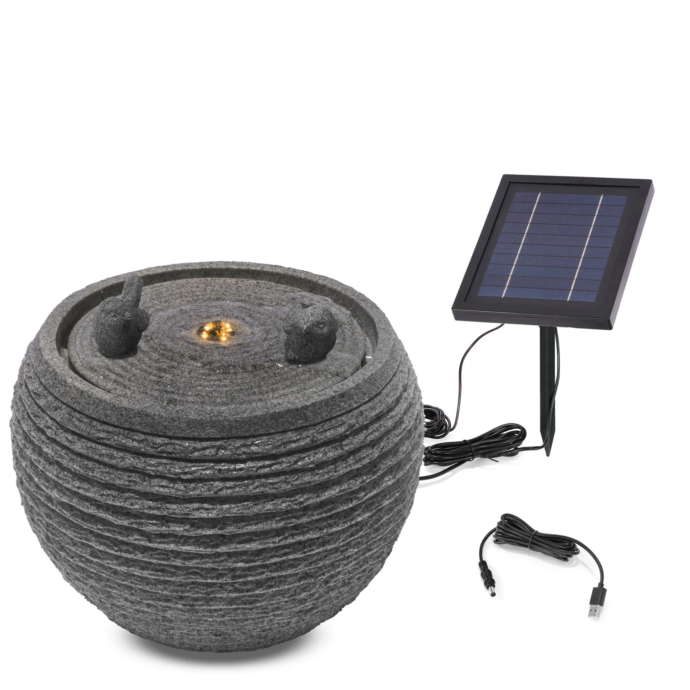 Solar Designbrunnen mit sitzendem Vogelpaar und LED Beleuchtung