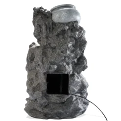 Solar Fels-Kaskadenbrunnen granitfarben mit LED-Beleuchtung