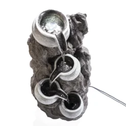 Solar Fels-Kaskadenbrunnen granitfarben mit LED-Beleuchtung