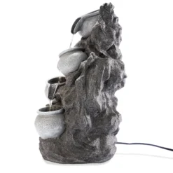 Solar Fels-Kaskadenbrunnen granitfarben mit LED-Beleuchtung