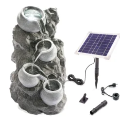 Solar Fels-Kaskadenbrunnen granitfarben mit LED-Beleuchtung