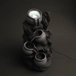 Solar Fels-Kaskadenbrunnen granitfarben mit LED-Beleuchtung