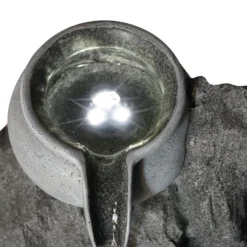 Solar Fels-Kaskadenbrunnen granitfarben mit LED-Beleuchtung