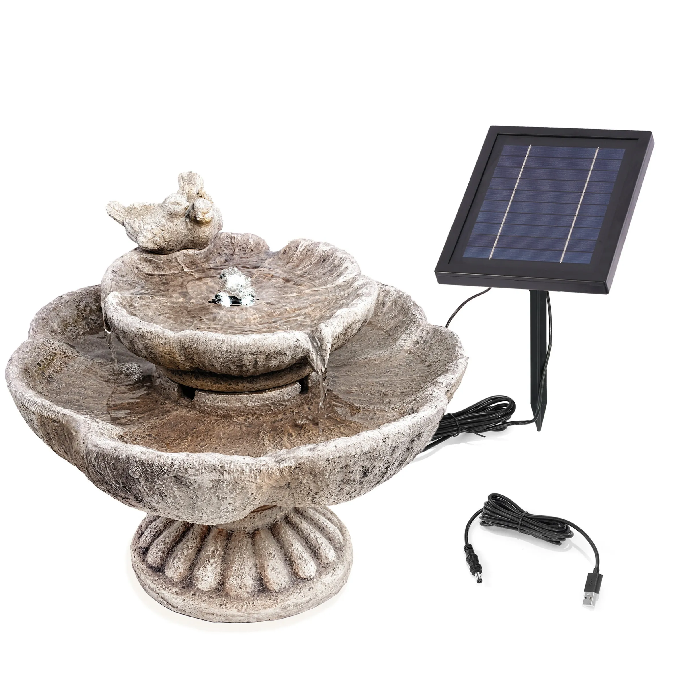 Solar Gartenbrunnen mit Vogelpaar und LED-Beleuchtung