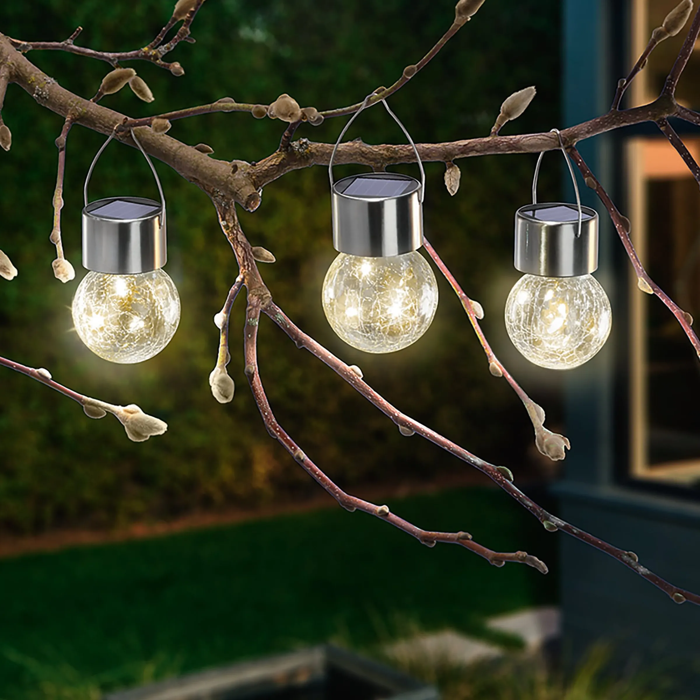 Solar Hängeleuchten 3er-Set Crackle Balls warmweiß