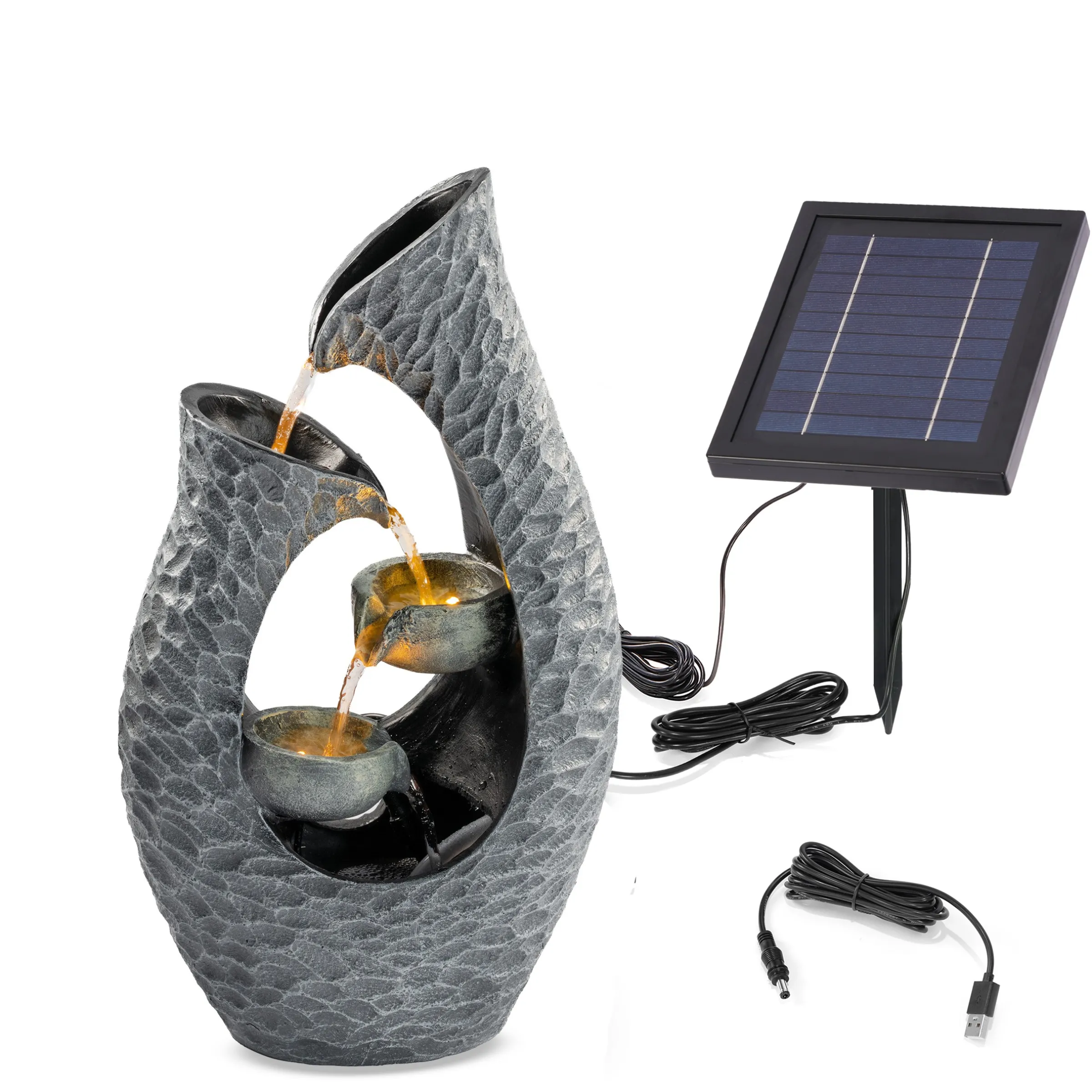 Solar Kaskadenbrunnen im Granit Steindesign mit LED Licht