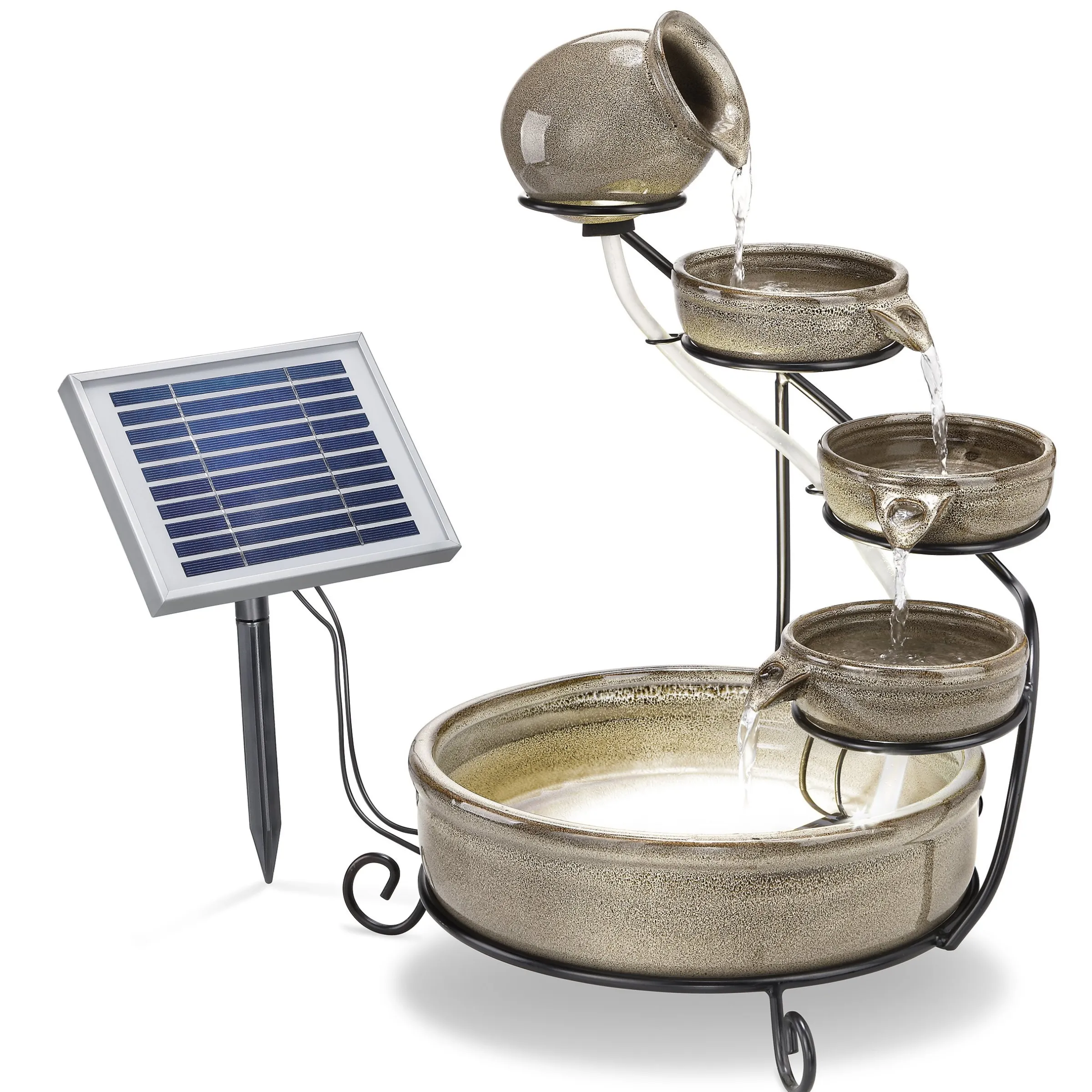 Solar Kaskadenbrunnen Pisa grau mit LED-Beleuchtung