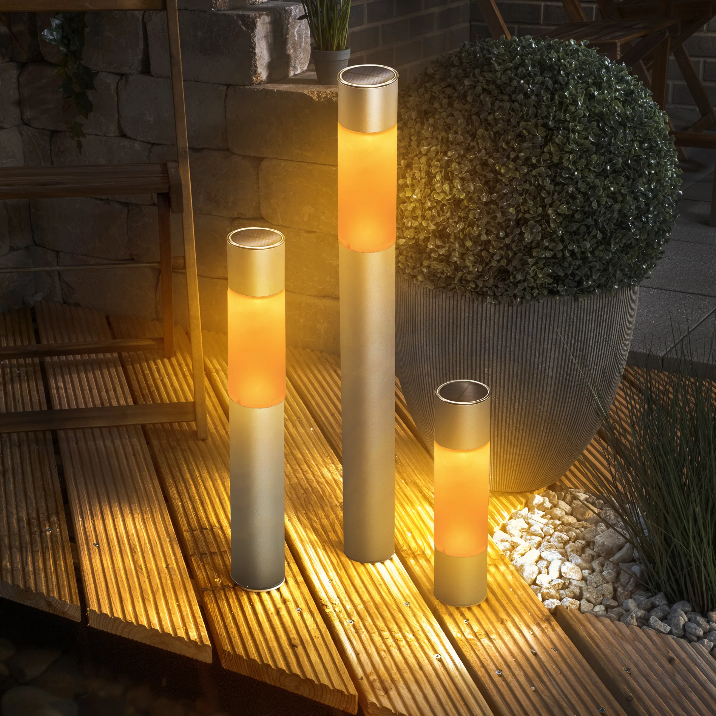 Solar Standleuchten Pole Light im 3er-Set bernsteinfarben