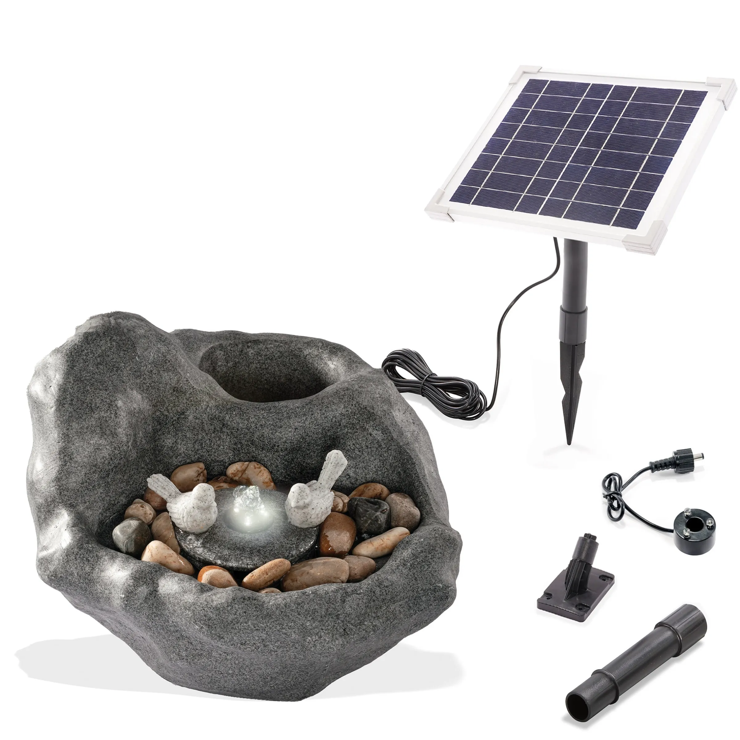 Solar Vogelbadbrunnen dunkel mit LED-Beleuchtung